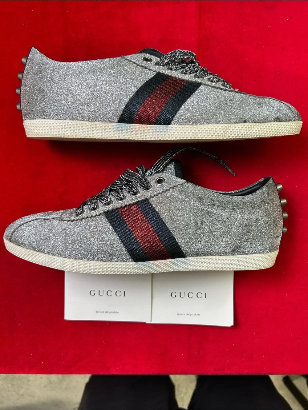 Gucci Silver Glitter Low-Top Sneakers with Red & Blue Web Stripe